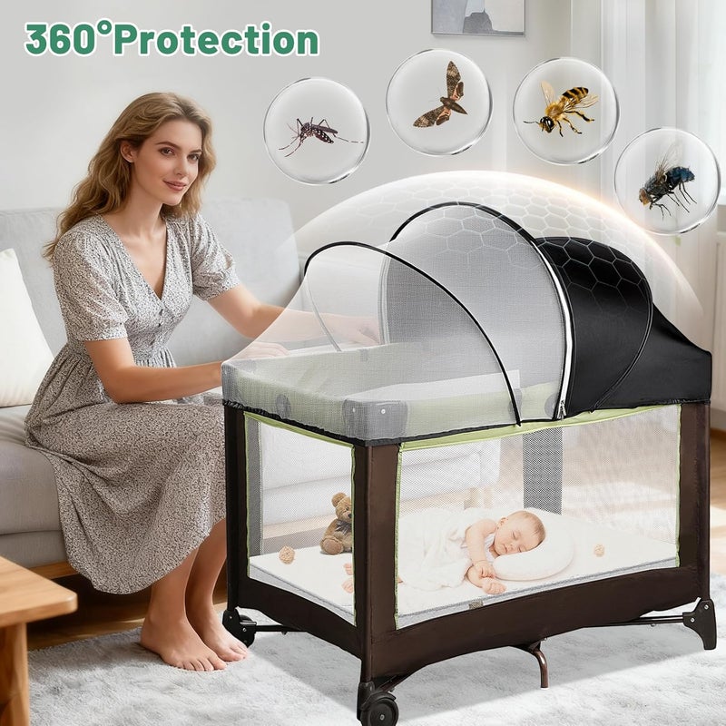 WANRU Pack N Play Tent Cover & Bassinet Canopy - Half-Blackout Breathable Mosquito Net with 2-Way Zipper for Bassinet, Travel Crib, Mini Crib & Playpen to Keep Cats Out (Black-Large) - Image 2